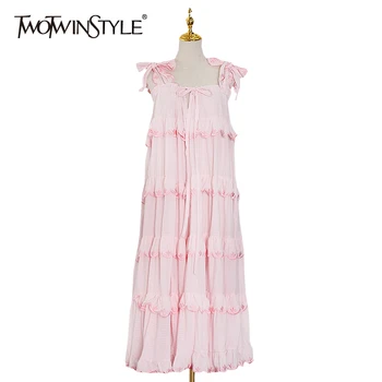 

TWOTWINSTYLE Pink Patchwork Ruffle Dress For Women Spaghetti Strap Sleeveless A Line Dresses Female 2020 Spring Fashion New