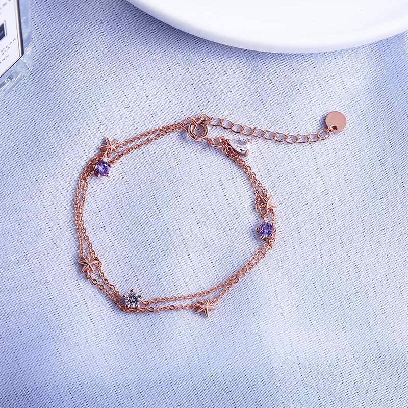 Розовое золото, двухслойный браслет со звездами, фиолетовые украшения из циркония, модные ювелирные изделия, регулируемые цепочки на лодыжке