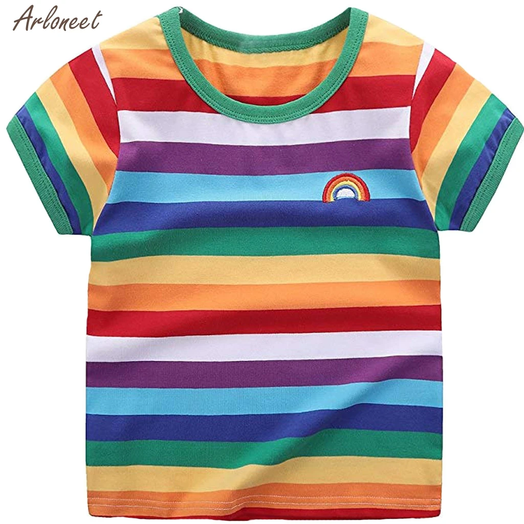 Детская Радужная футболка для маленьких мальчиков и девочек, хлопковые топы в полоску, детская блузка, летние топы - Цвет: Multicolor
