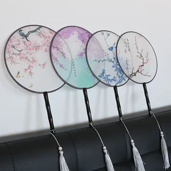 

Summer Chinese/Japanese Printed Round Fans Flower Floral Colorful Dropshipping Flower Print Wood Handle Fans