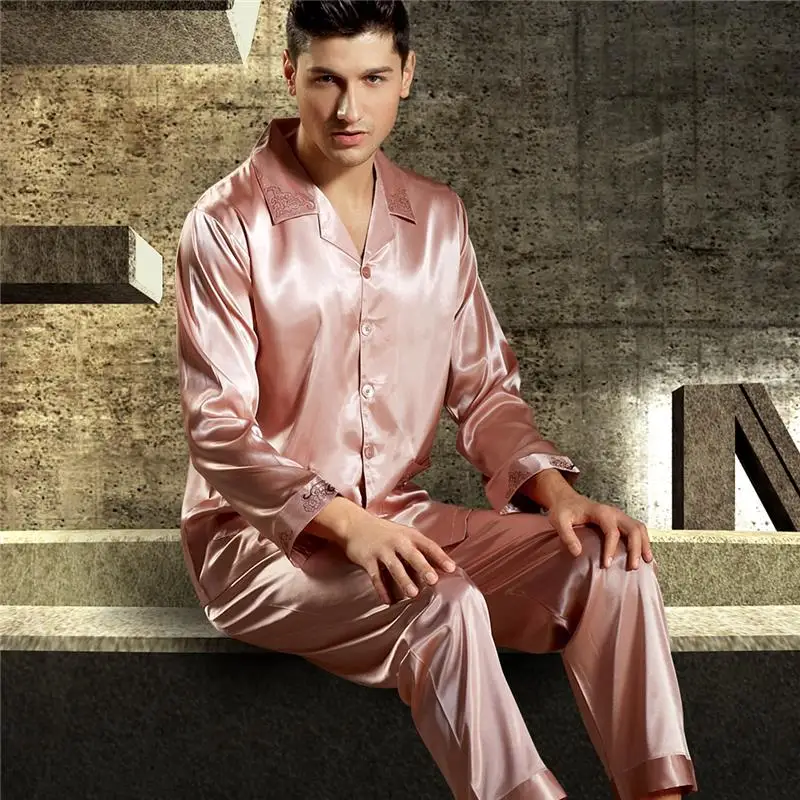 

High Quality Mens Stain Silk Pajama Set Plus Size Male Satin Soft Cozy for Sleeping Pyjamas Men Sleepwear Home Nightgown Spring