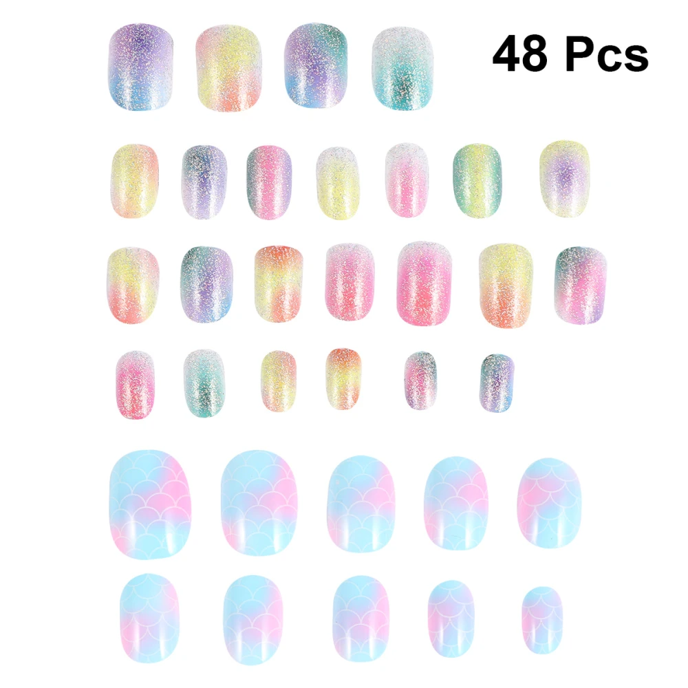 48個 2ボックス偽ネイル偽爪自己粘着人工爪子供のための女の子 カラフル False Nails Aliexpress