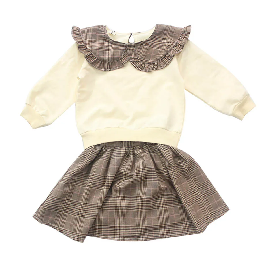 Girls Clothes Plaid Skirt + Sweatshirt Suits For Peter Pan Collar Set Autumn Fashion Suit Baby | Детская одежда и обувь