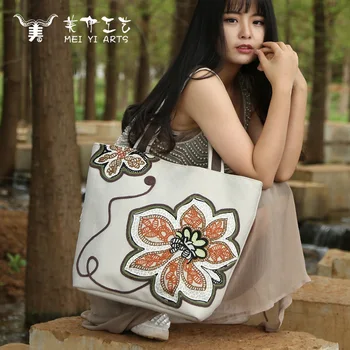 

New Handbag Magnolia Flower Embroidered Shoulder Bag National Style Large Cloth Bag Women Bag Shopping Bag