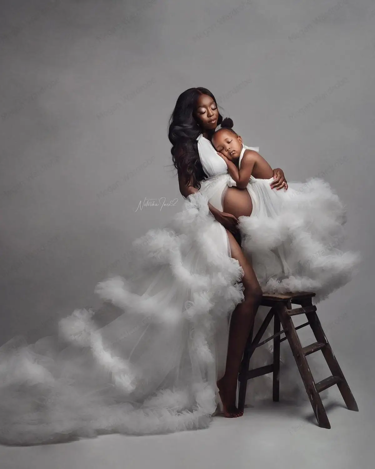 White Tulle Maternity Robes With Bow Ruffled