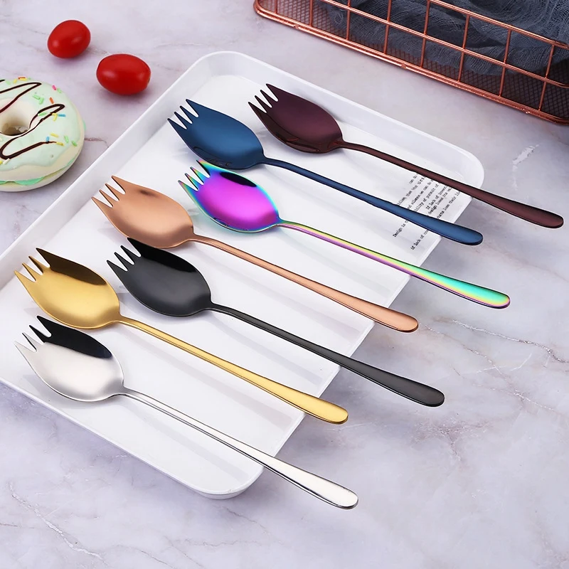 Botique-7Pcs Ложка Вилка длинная ручка салатная ложка многоразовая нержавеющая сталь Spork золотые Десертные Ложки Посуда для пикника на открытом воздухе