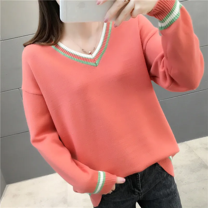 

Autumn Garment 2019 - New Chicken Heart Neck Sweater for Women Wearing Lazy Wind Loose V-Neck Knitted Bottom sweaters-0ag720
