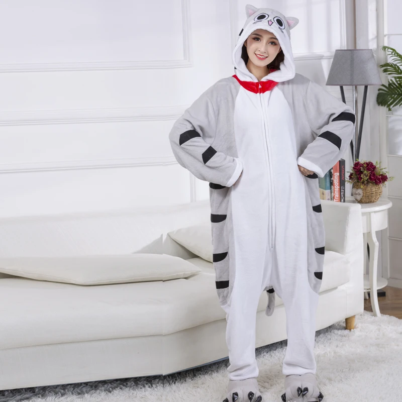 Chi Cat Pajamas Onesies For Adults Women Kitty Pijamas Flannel Anime Kigurumi Men One-Piece Sleepwear Full Body Cosplay Costume
