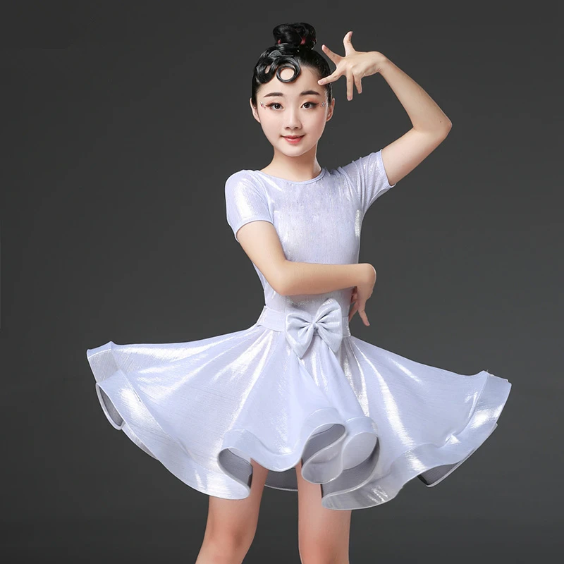 Новое платье для латинских танцев Детские платья для девочек с коротким рукавом и бантом, летние бальные костюмы для соревнований, Samba Practice Waer 120 до 170 см - Цвет: White