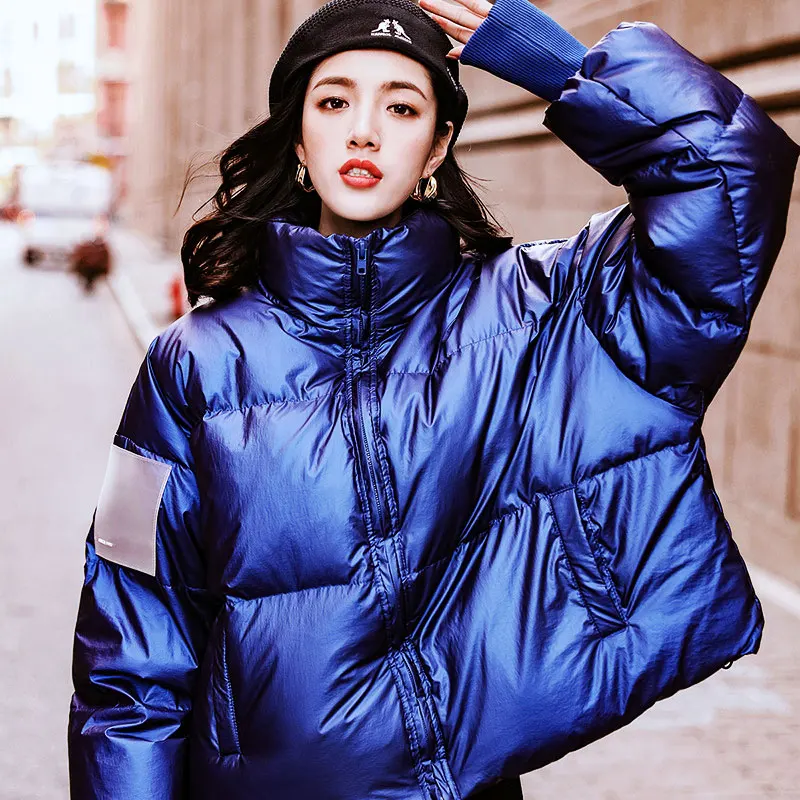 Lusumily, зимний глянцевый пуховик, женские куртки, зимняя теплая синяя Толстая куртка, свободное короткое пальто, зимняя женская верхняя одежда