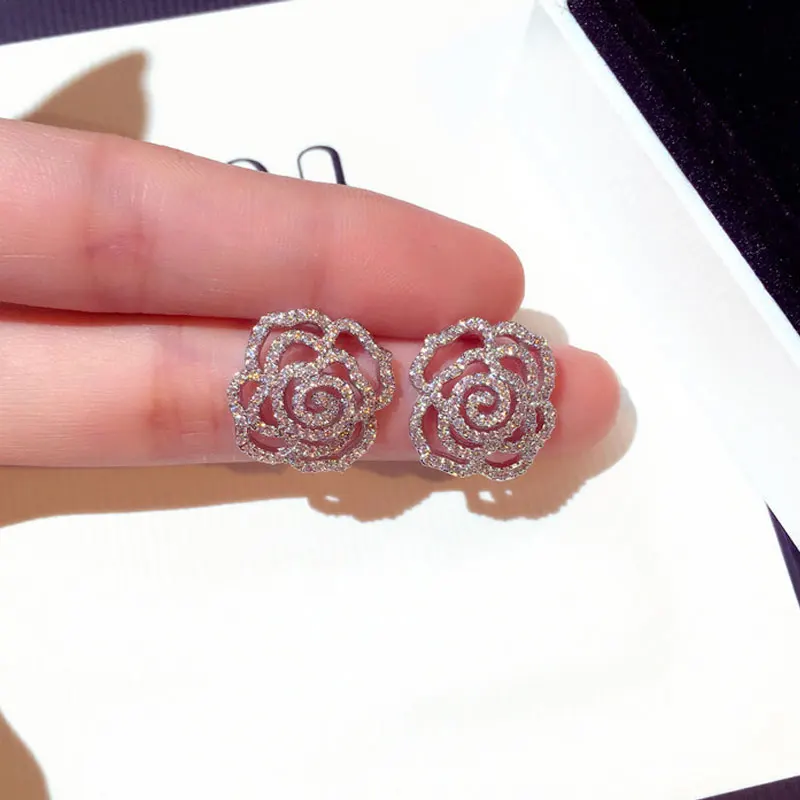 Luxury Brand Flower Pin Earring Elegant Full Crystal Flowers Stud