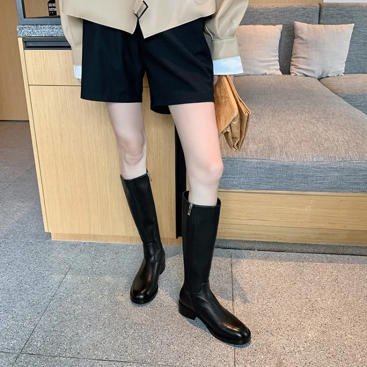 

MLJUESE 2021 women knee-high boots leather winter short plush black color zippers round toe female high boots size 34-40