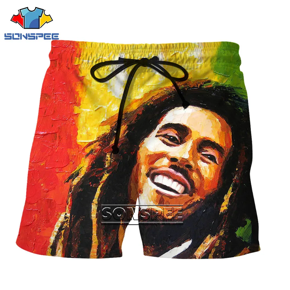 SONSPEE 3D Bob Marley Singer Printed Shorts Reggae Hip Hop Street Casual Beach Fashion Men's Fun Sports Pants Oversized Clothing