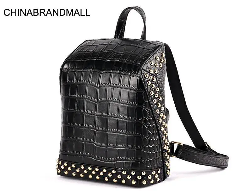 

Split leather crocodile pattern women rivet large leisure backpack