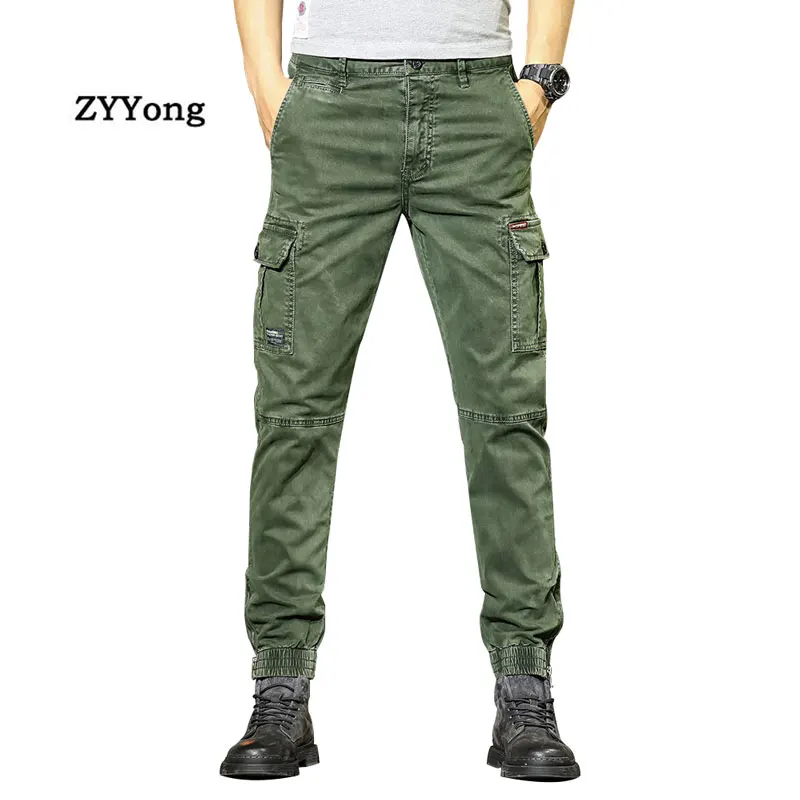 

Men Cargo Pants Cotton Multi-Pocket Beam Feet Overalls Army Military Tactical Wear-Resistant Fashions Casual Slim Black Trousers