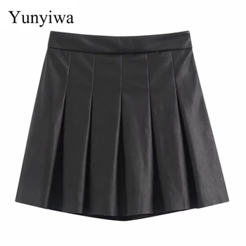

New 2020 Women Leisure Front Pleated PU Leather Mini Skirt Faldas Mujer Ladies Casual Slim Side Zipper Short Skirts