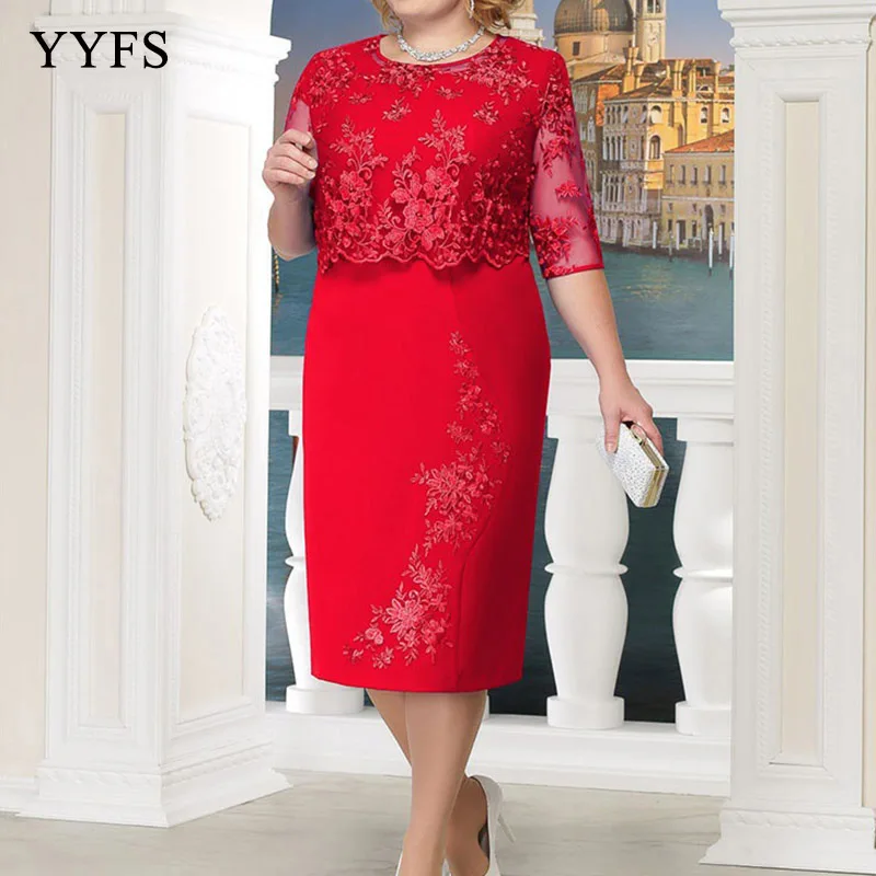 

New Autumn Fashion Women's Lace Dresses in 2019 Lace Round-necked Large Clothes to Knee Plus Size S-5XL