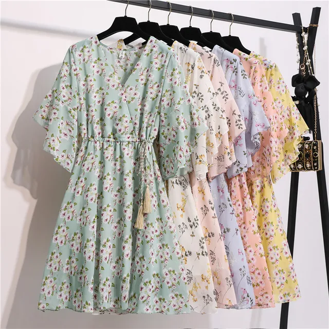 Spring Summer Chiffon Dress Women V-Neck Floral Print Short Dresses Sweet Ruffle Sleeeve Slim 2021 New Drawstring Ladies Dress 5