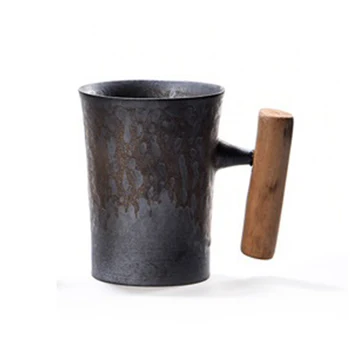 

New 300Ml Creative Handmade Ceramic Coffee Mug with Spoon Rust Glaze with Wooden Handle Water Cup for Home/Office