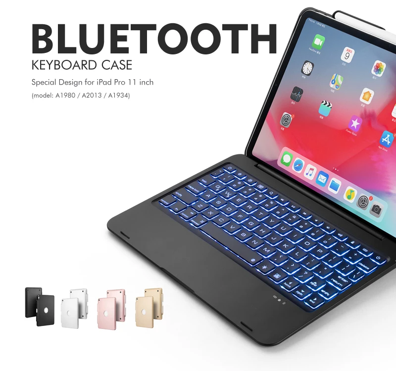 [Новое] Bluetooth клавиатура чехол для Apple iPad Pro 11,", 7-Цвет с подсветкой и жесткий Беспроводной клавиатура с смартфона с держателем для карт