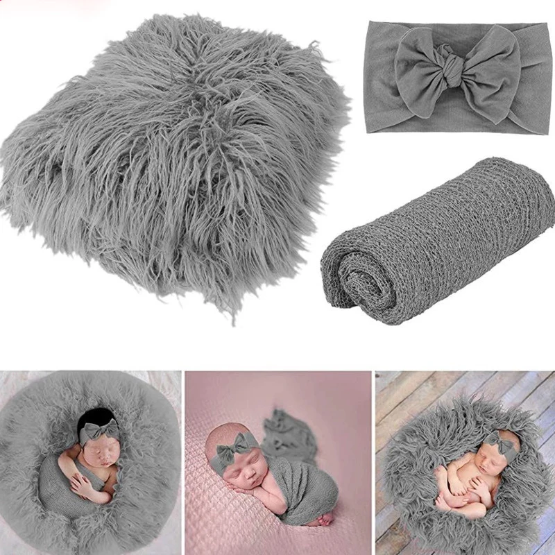 3Pcs/Set Newborn Photography Props Baby Blanket+Wrap+Headband 03 Month