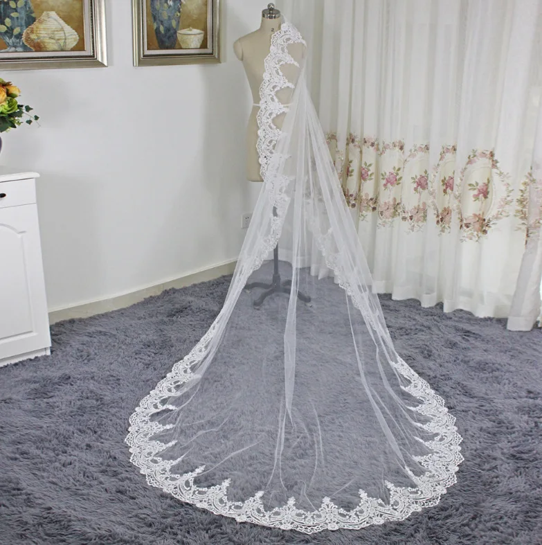 

Mingli Tengda Full Lace Bride Long Wedding Accessories Birdcage Veil With Metal Comb 3 M Bridal Veils Chapel Velo Trouwen White