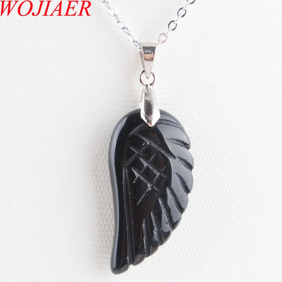 Black Agate Pendant Натуральные драгоценные камни, бусины крылья посеребренные Рейки чакра кулон ожерелье 18 дюймов WOJIAER PBN358 - Окраска металла: Black Agate Pendant