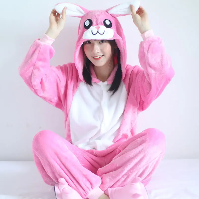 Пижамы для женщин, кигуруми, женские пижамы с единорогом, наборы пижамы с животными, зимние пижамы с животными, шитая Пижама с единорогом, onesie Nightie - Цвет: Pink rabbit