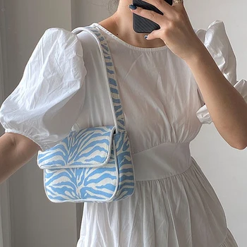 

Fashion Zebra Pattern Shoulder Bag Women Small Canvas Animal Print Girl Messenger Bag Cover Female Designer Blue Baguette Sac