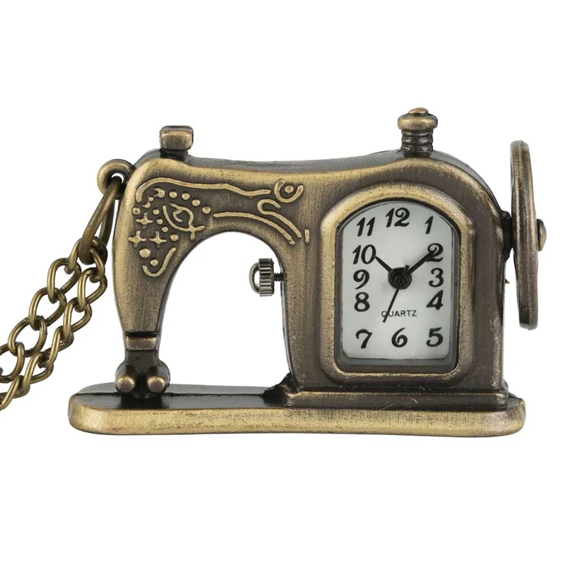 

Little Cute Retro Antique Bronze Sewing Machine Quartz Pocket Watch Creative Necklace Pendant Unique Souvenir Gift for Men Women