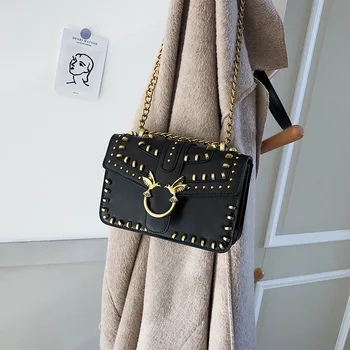 

Bag Female 2020 New Style Swallow Bag Vintage Riveting Nail Chain Bag Texture Shoulder/Crossbody Bag Square Sling Bag