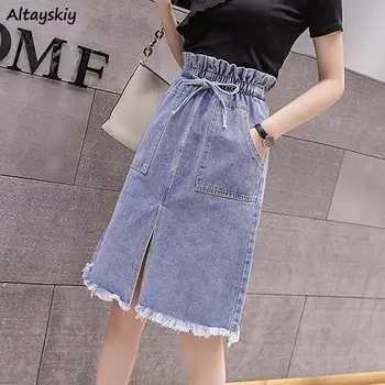 

Skirts Women A-line Summer New Stylish High Waist Drawstring Hot Slit Female Denim Skirt Student Elegant Lovely Ulzzang Casual