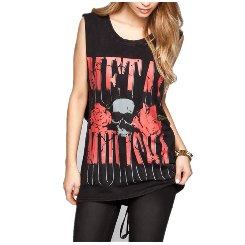 

Women Motorcycle Metal Mulisha Skull Roses Washed Muscle Tank Top (Large and Long)