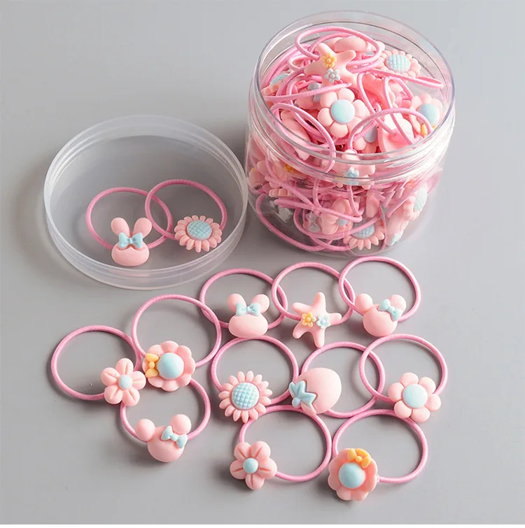 60pcs/lot Small Rubber Elastic Hair Band Cartoon Flower Resin Children's Hair Ring Hair Accessories for Girl
