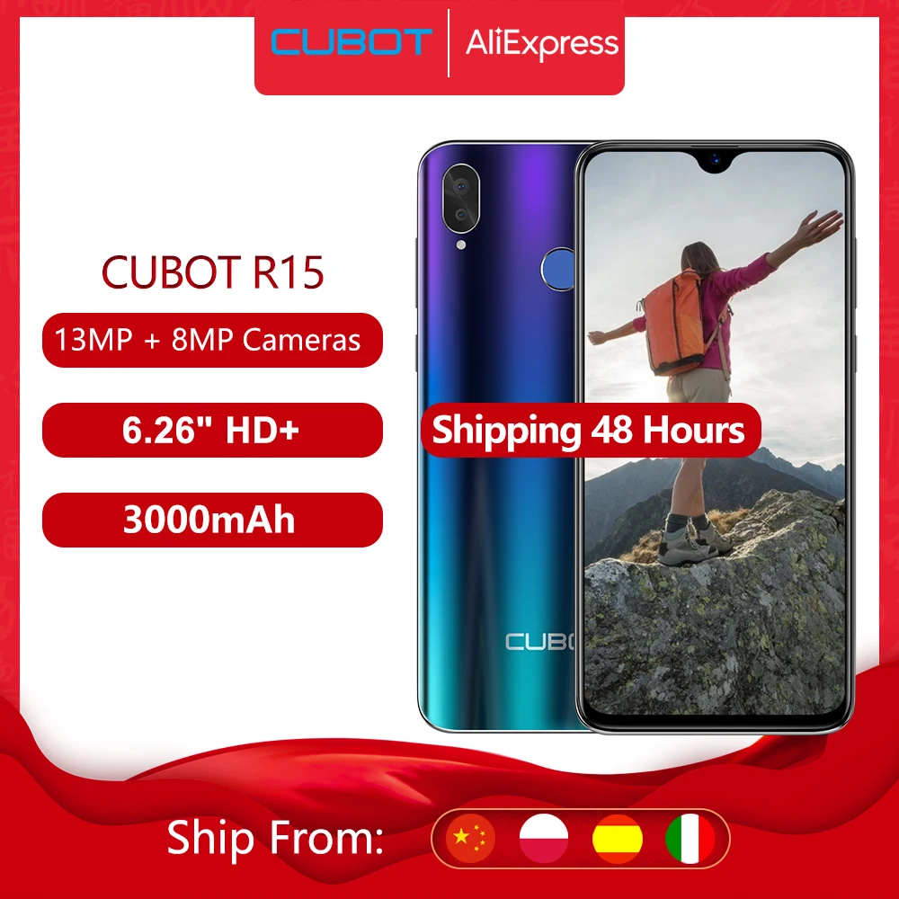 Cubot R15 SmartPhone Android 9.0 Pie 6.26'' 19:9 Water-Drop Screen MT6580P 2GB+16GB Finger ID Dual Rear Camera 13MP 3000mAh Good