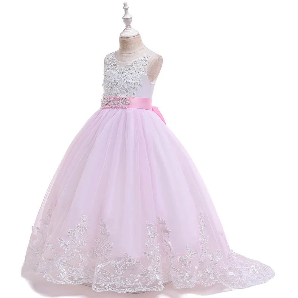 Элегантное летнее кружевное свадебное платье с цветочным узором для девочек детская одежда платье принцессы для девочек на день рождения, высокое качество - Цвет: pink