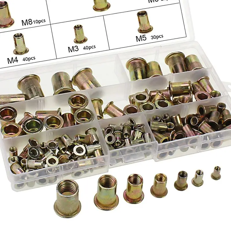 

150PCS Plated Carbon Steel Rivet Nut M3 M4 M5 M6 M8 M10 M12 Flat Head Threaded insert Rivet Nutsert tool Cap Assortment Kits