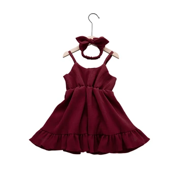 

2019 Summer Girls Sundress Baby Toddler Red Solid Strap Ruffle Princess Party Pageant Tutu Dress Headband 2Pcs Clothes