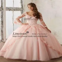 Розовые платья Quinceanera бальное платье с длинным рукавом для выпускного вечера платья из тюля с кружевной аппликацией; красивый пикантный 16, индивидуальный пошив, размеры vestido de 15 anos; сезон лето