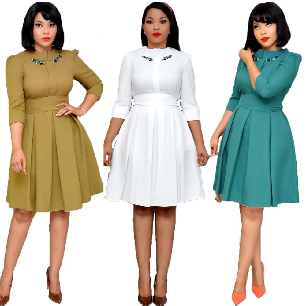 

Women Plus Size Office OL Work Midi Dress for Lady Female Summer White Elegant A Ling Pleated Party Casual Dresses Vestidos
