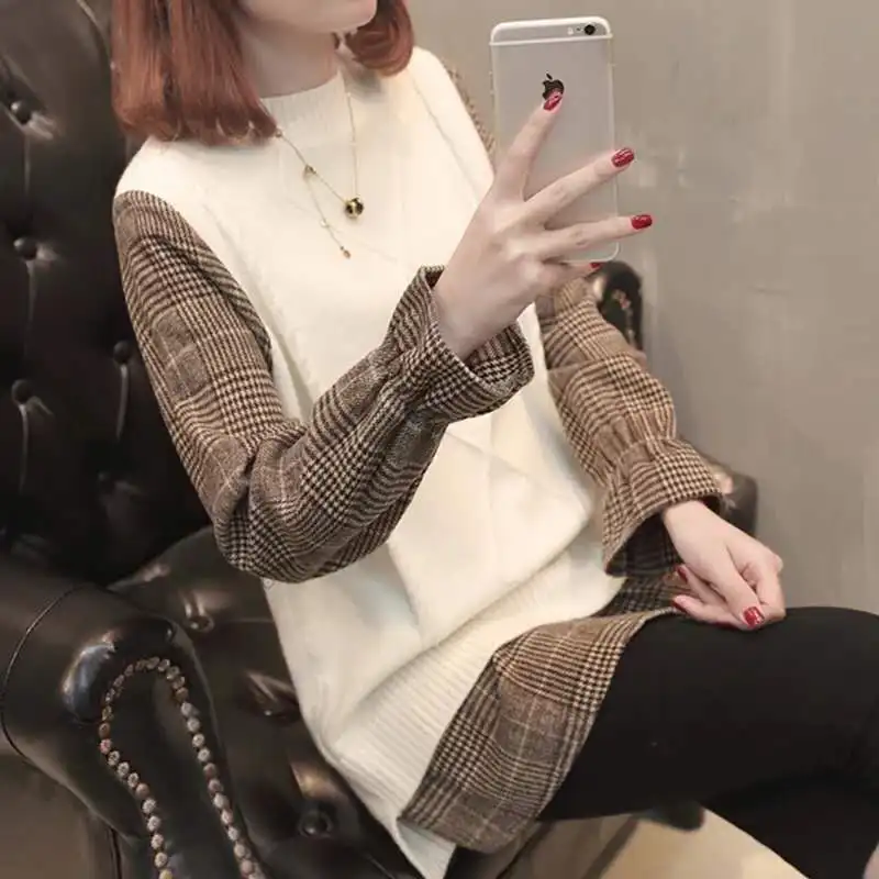 

Lucyever New Autumn Women Sweater Flare Long Sleeve Patchwork Loose Knitted Top Vintage Plaid O-neck Pullover Winter Sweater