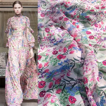 

100X145cm Small Flower Printed Gold thread chiffon Fabric For Woman Girl Summer Long Dress Blouse DIY Cloth Sewing