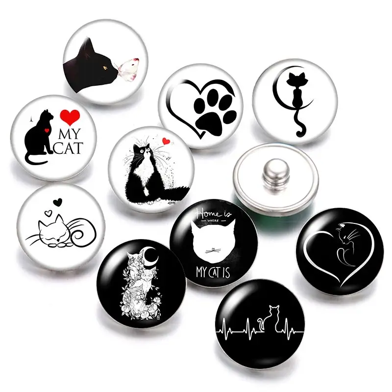 

Lovely Cat love Pet 18mm snap buttons 10pcs mixed round photo glass cabochon style for snap button jewelry