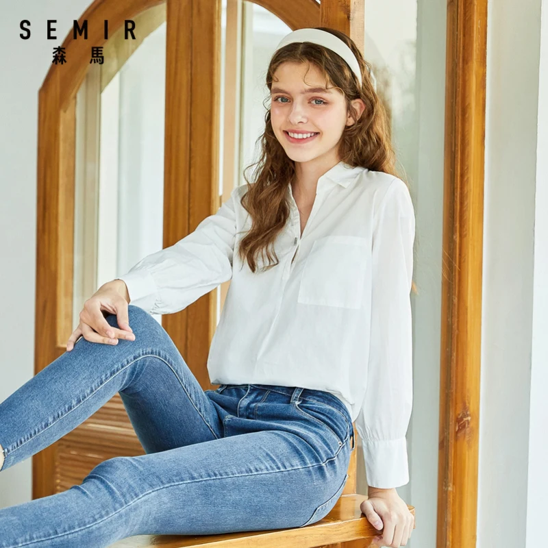 Рубашка SEMIR Женская с длинным рукавом свободная хлопковая простая блузка V