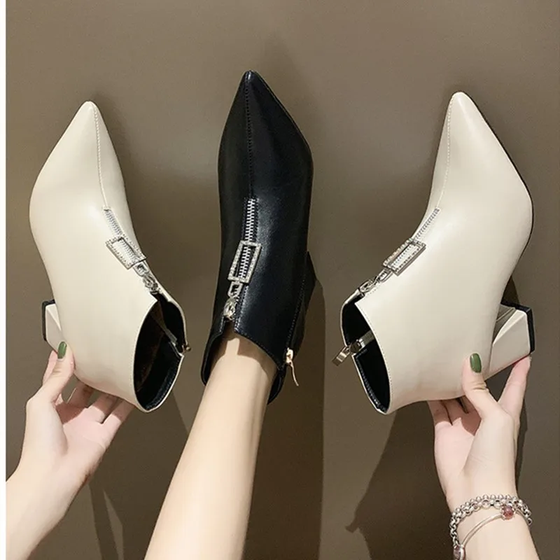 

New High Quality Women Boots Pointed Toe High Heels Faux Leather Zipper Style Sexy Ankle Mid Heel Boots Fashion Female Shoes