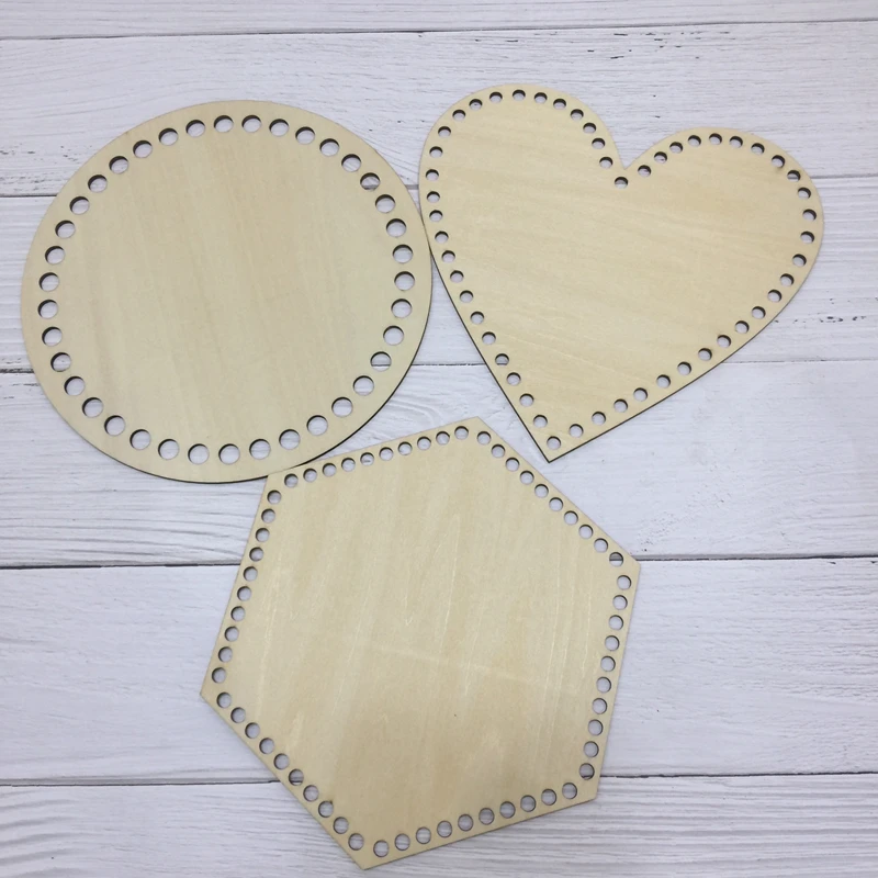

3pieces7.9inch circle heart Hexagon laser cut wooden bottom base for basket unfinished wooden handmade wood craft cross stitch