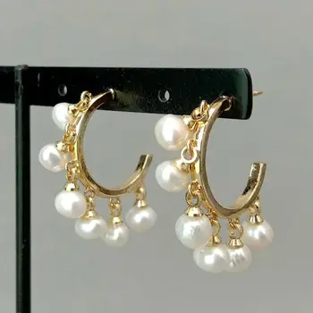 

Freshwater White Pearl Yellow Golden Plated Hoop Stud Earrings