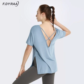 F DYRAA Women Hollow Back Yoga Shirts Short Sleeve Top Sports T Shirts Quick Dry