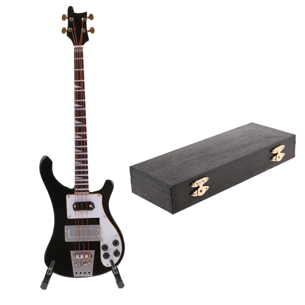 Handmade Mini Wooden Electric Bass Model with Stand for 1/6 Action Figures Hot Toys 12inch Dolls Accessories