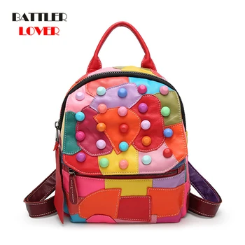 

Real Sheepskin Girls European Fashion Women Backpack Genuine Leather Colorful Shoulders Bag For Female Designer Rivet Backpacks